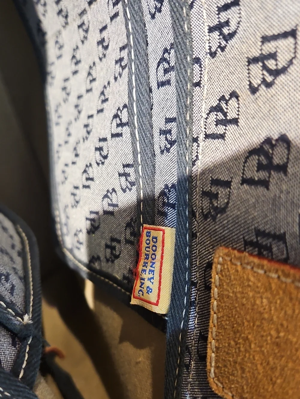 Dooney &  BourkeDesigner-Inspired Navy Monogram Tote with Tan Leather Trim